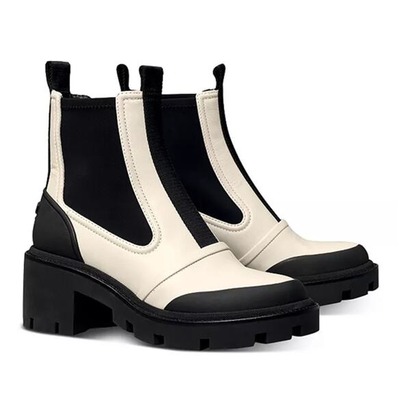 Tory Burch Chelsea Lug Sole Leather Pull On Ankle Boots White/Black 9